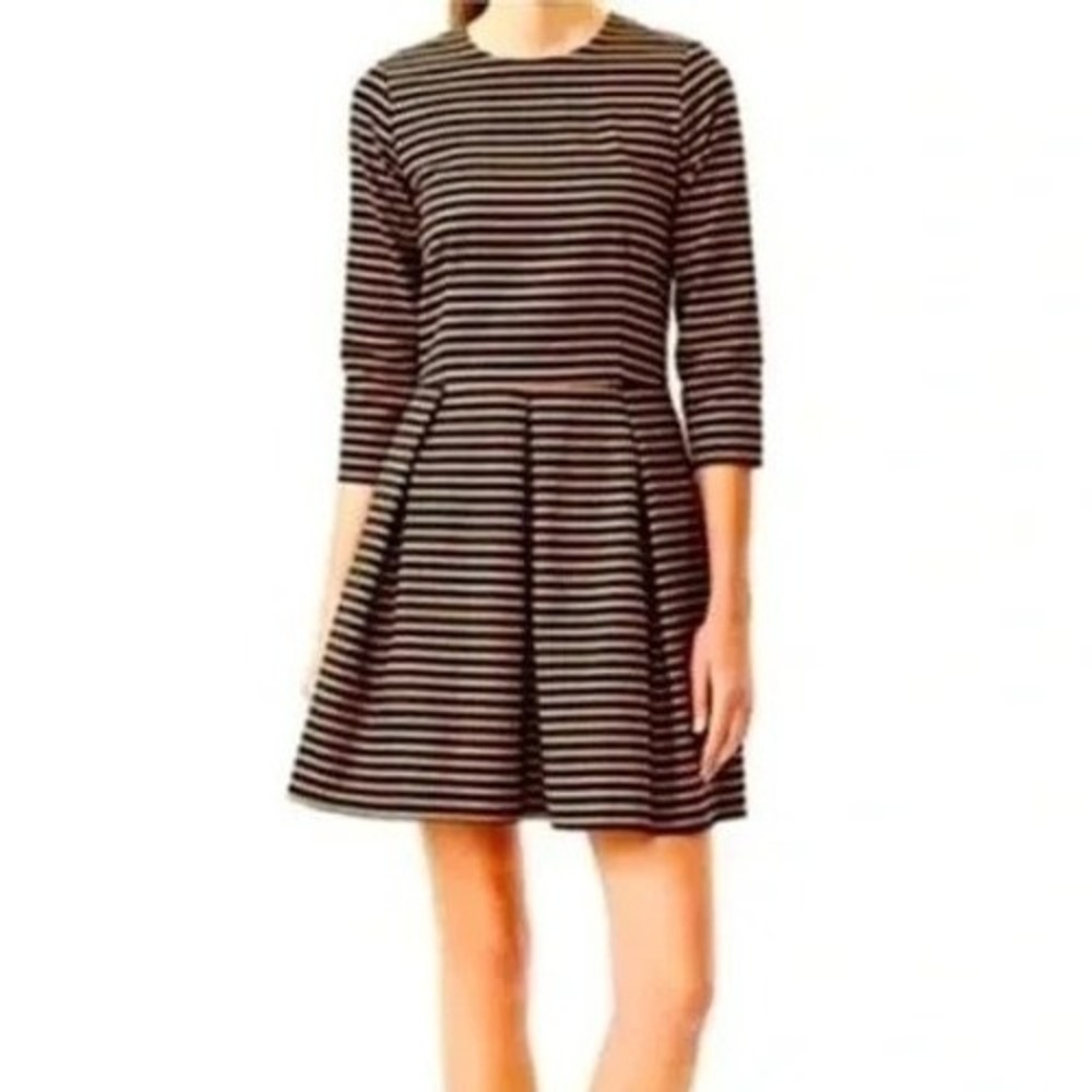 GAP 12 Striped Pleated Fit & Flare Dress 3/4 Sleeve Black and Camel with Pockets